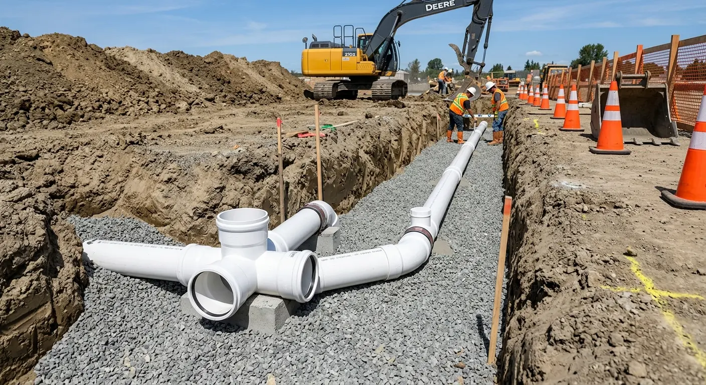 New PVC sewer pipe installation in open trench for Sewer Backup in Mansfield