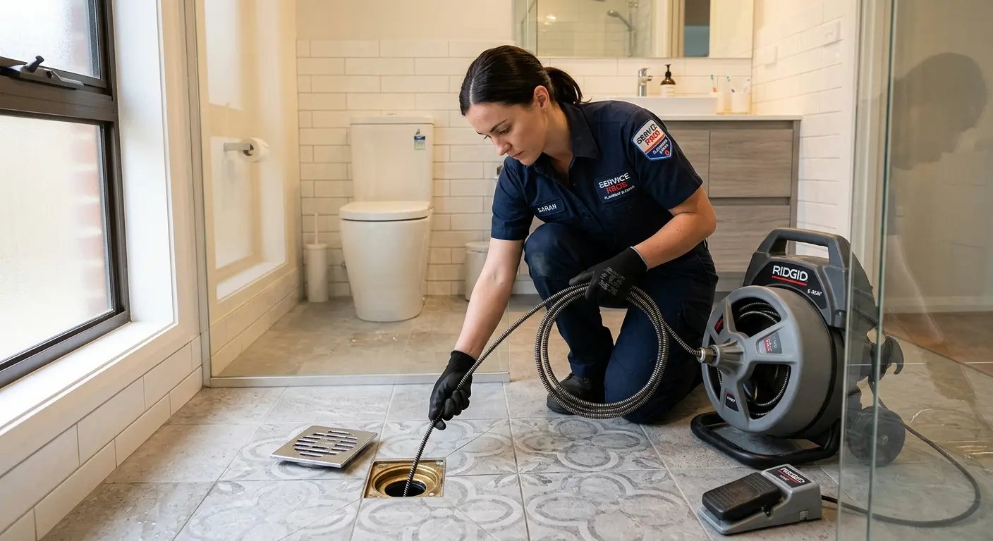 Technician clearing a bathroom floor drain for Drain Repair in Mansfield